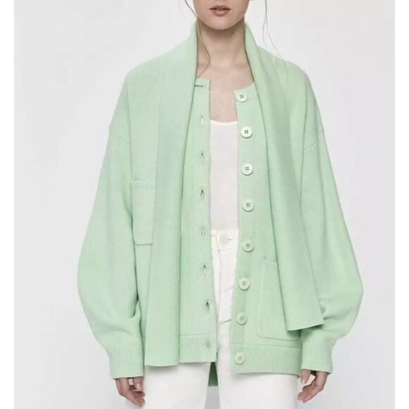 Tibi Airy Wool Tie Collar Oversized Cardigan Sweater with Scarf Pastel Green M - Picture 1 of 7